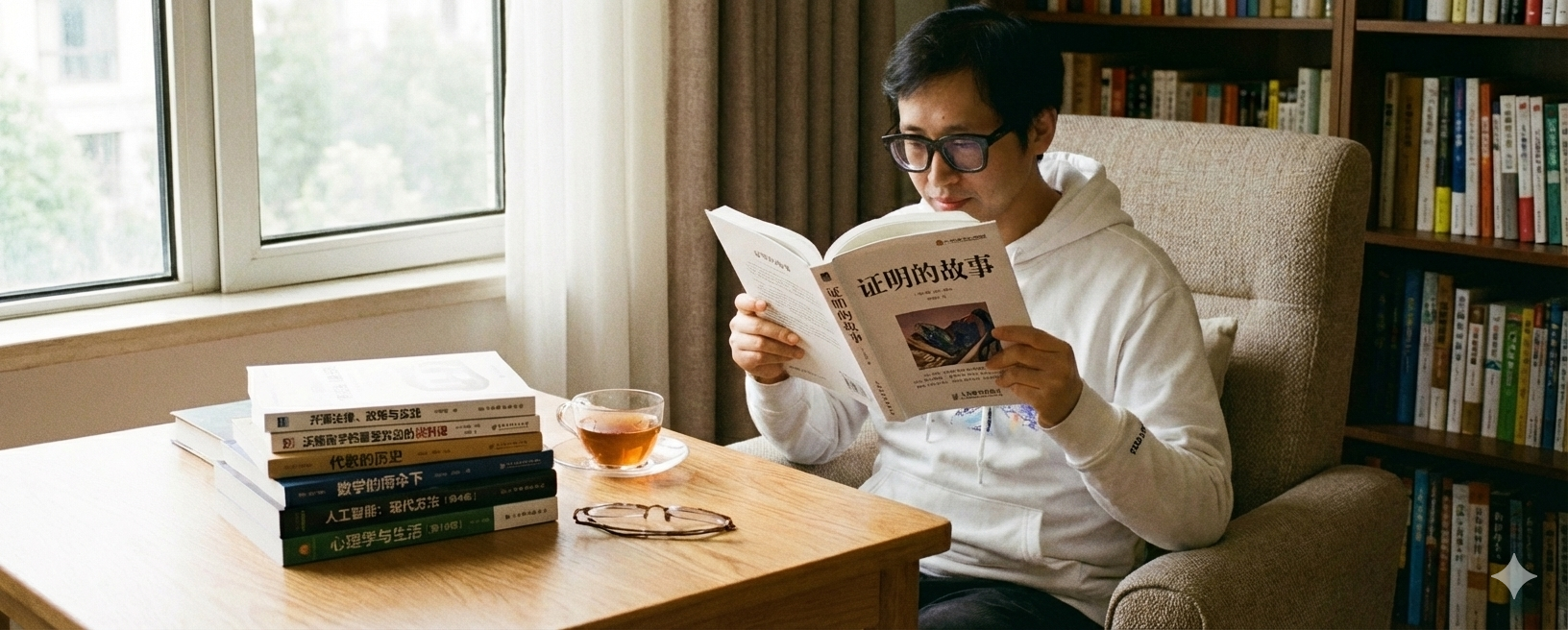 Prompt: 生成一张有人读书的照片，正在读的是人民邮电出版社出版的《证明的故事》，旁边的书还包括《开源法律、政策与实践》，《沃顿商学院最受欢迎的谈判课》《代数的历史》《数学的雨伞下》《人工智能：现代方法（第4版）》《心理学与生活 (第19版)》，图片长宽比5:2；把读书的人换成我自己